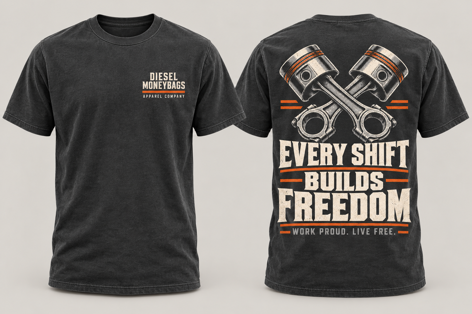 Charcoal Diesel Moneybags T-shirt concept, with a small front logo and crossed pistons on the back